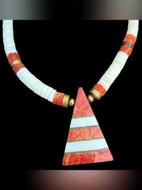Vintage Kewa Santo Domingo Style Heishi Necklace Geometric Red Coral Shell 16”
